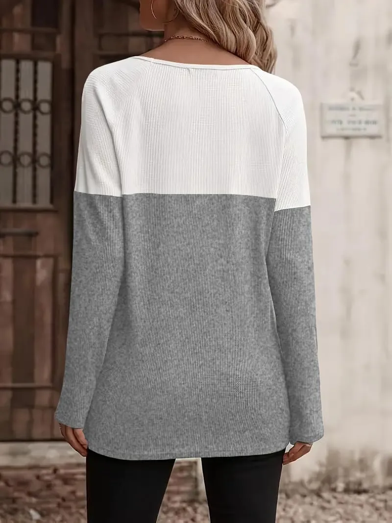 Zeagoo Women Waffle Knit Shirts Long Sleeve Colorblock Tee
