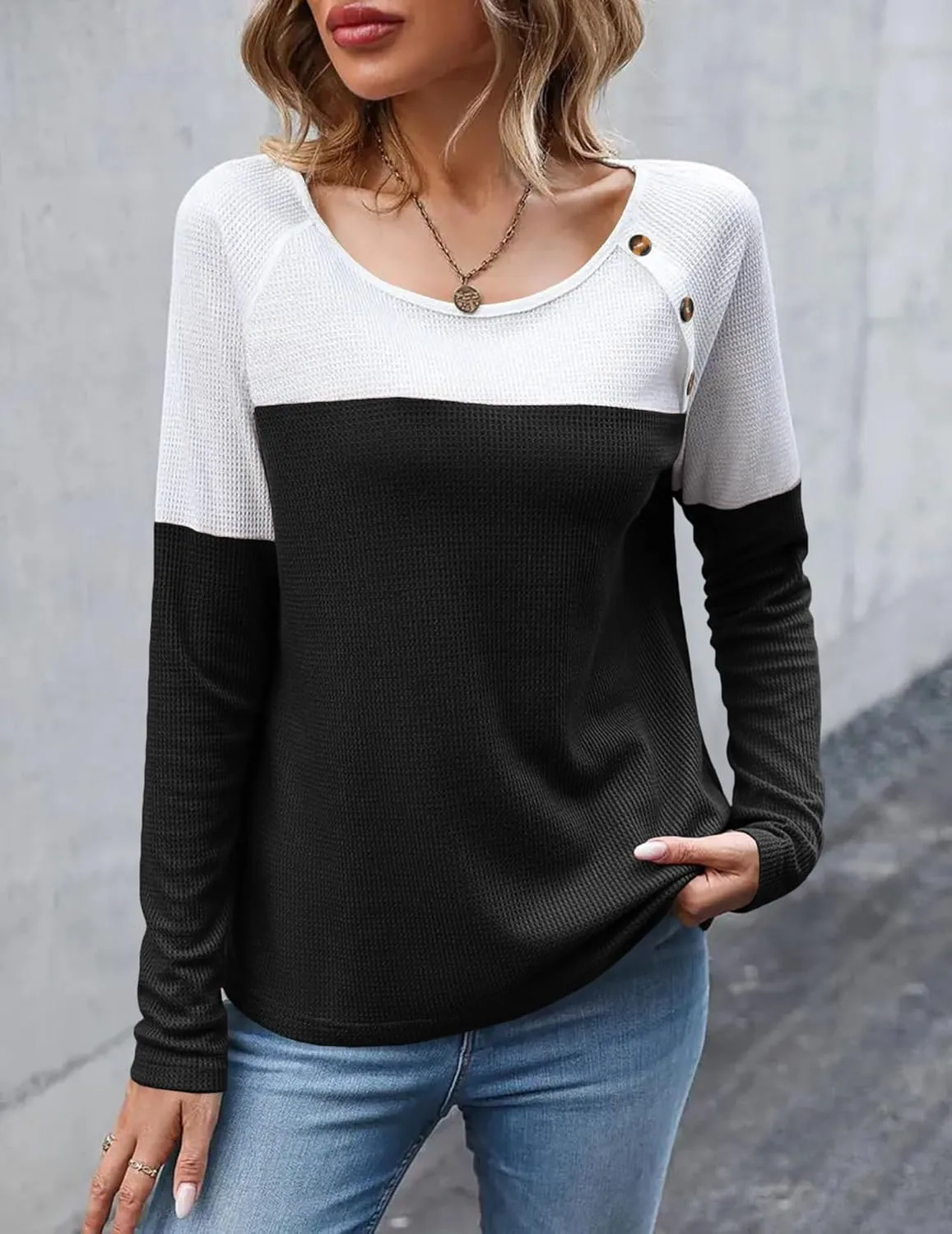 Zeagoo Women Waffle Knit Shirts Long Sleeve Colorblock Tee