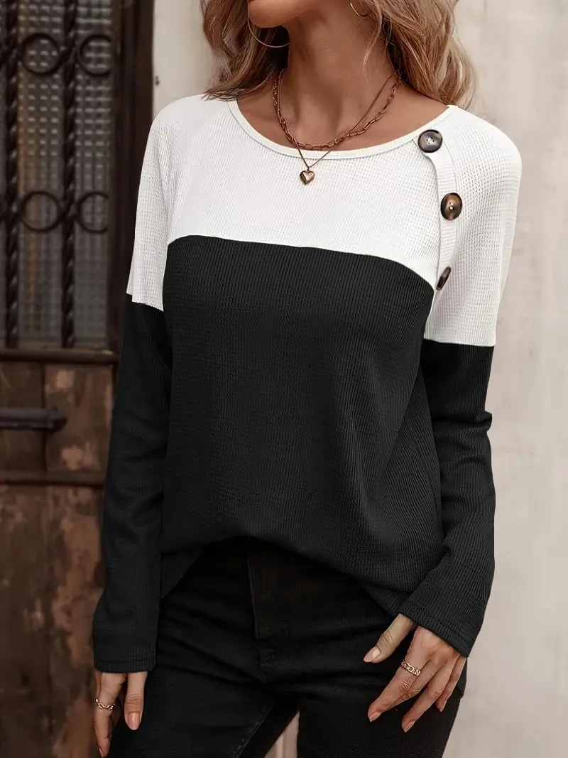 Zeagoo Women Waffle Knit Shirts Long Sleeve Colorblock Tee
