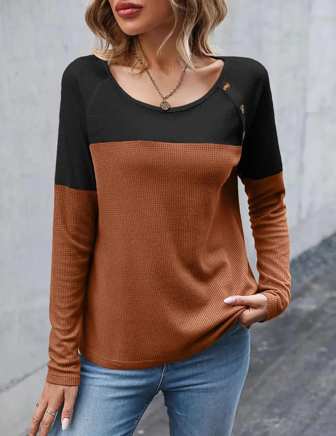 Zeagoo Women Waffle Knit Shirts Long Sleeve Colorblock Tee