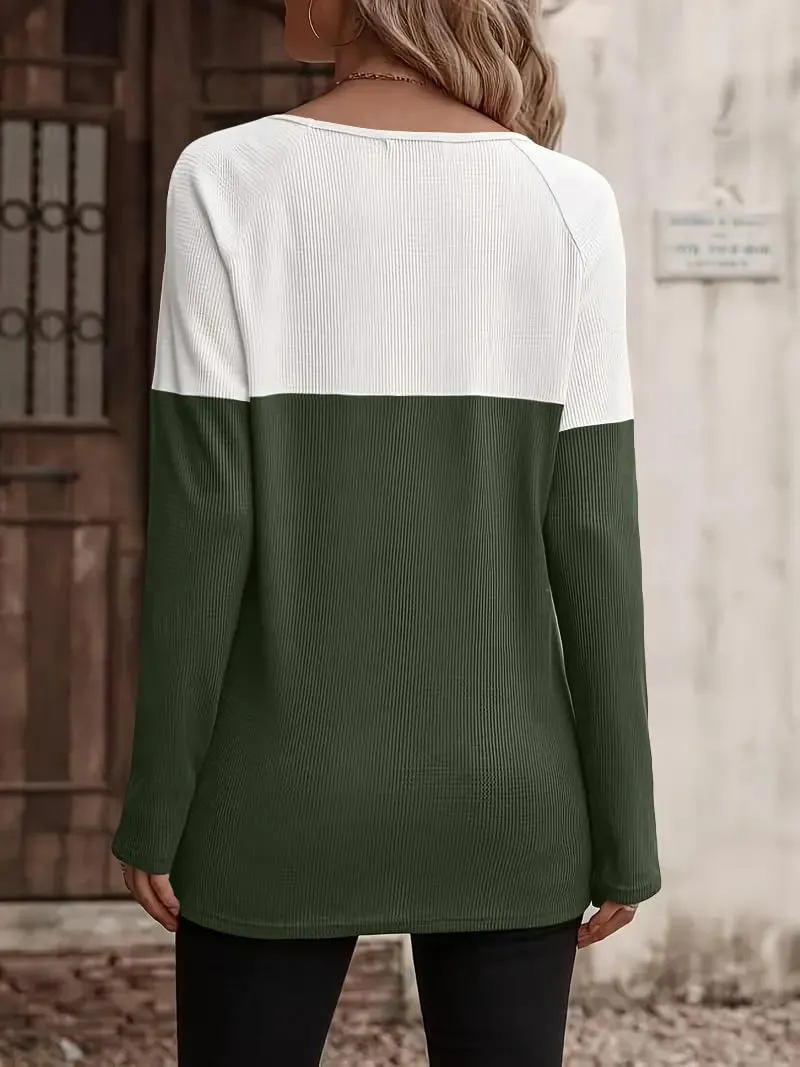 Zeagoo Women Waffle Knit Shirts Long Sleeve Colorblock Tee
