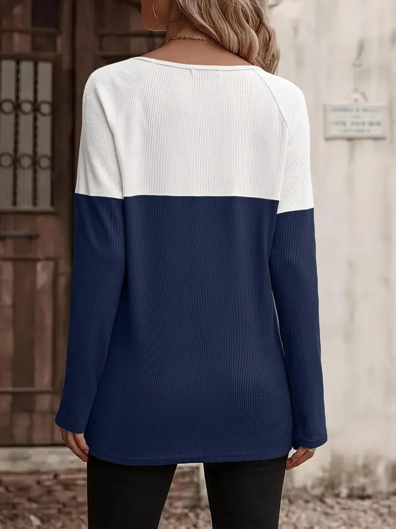 Zeagoo Women Waffle Knit Shirts Long Sleeve Colorblock Tee