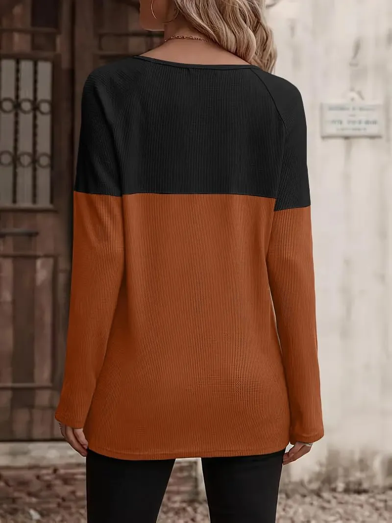 Zeagoo Women Waffle Knit Shirts Long Sleeve Colorblock Tee