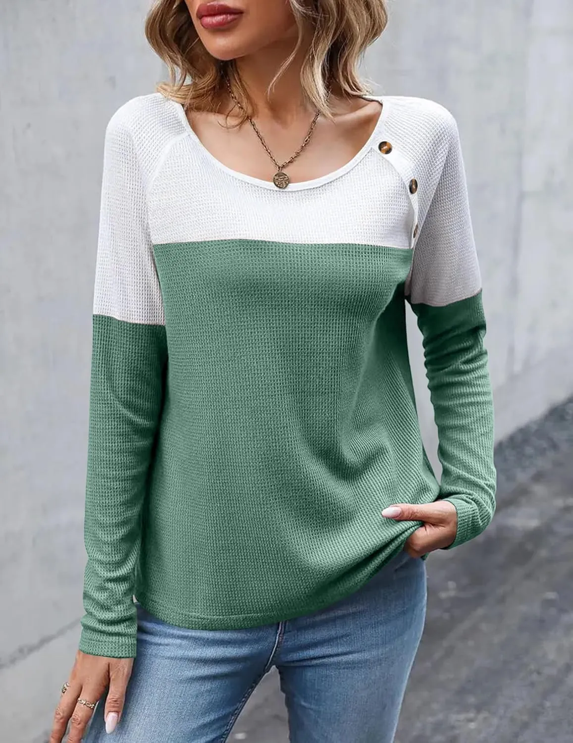 Zeagoo Women Waffle Knit Shirts Long Sleeve Colorblock Tee