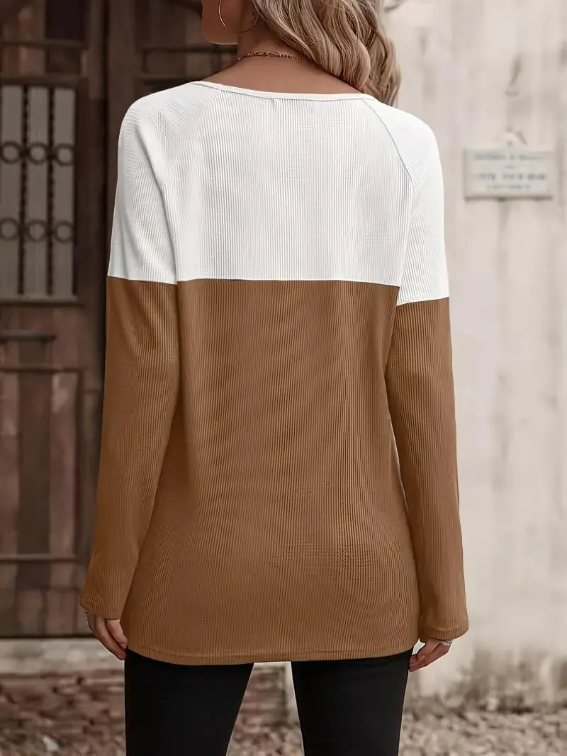 Zeagoo Women Waffle Knit Shirts Long Sleeve Colorblock Tee