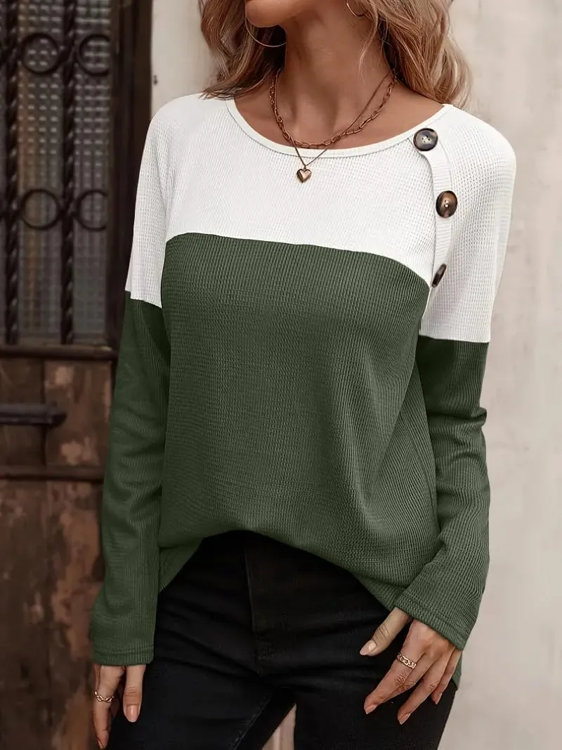 Zeagoo Women Waffle Knit Shirts Long Sleeve Colorblock Tee